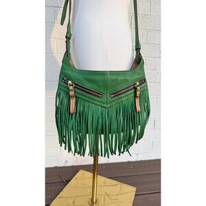 Oryany Bristol Emerald Green Pebbled Leather Fringe Crossbody Boho Festival Bag
